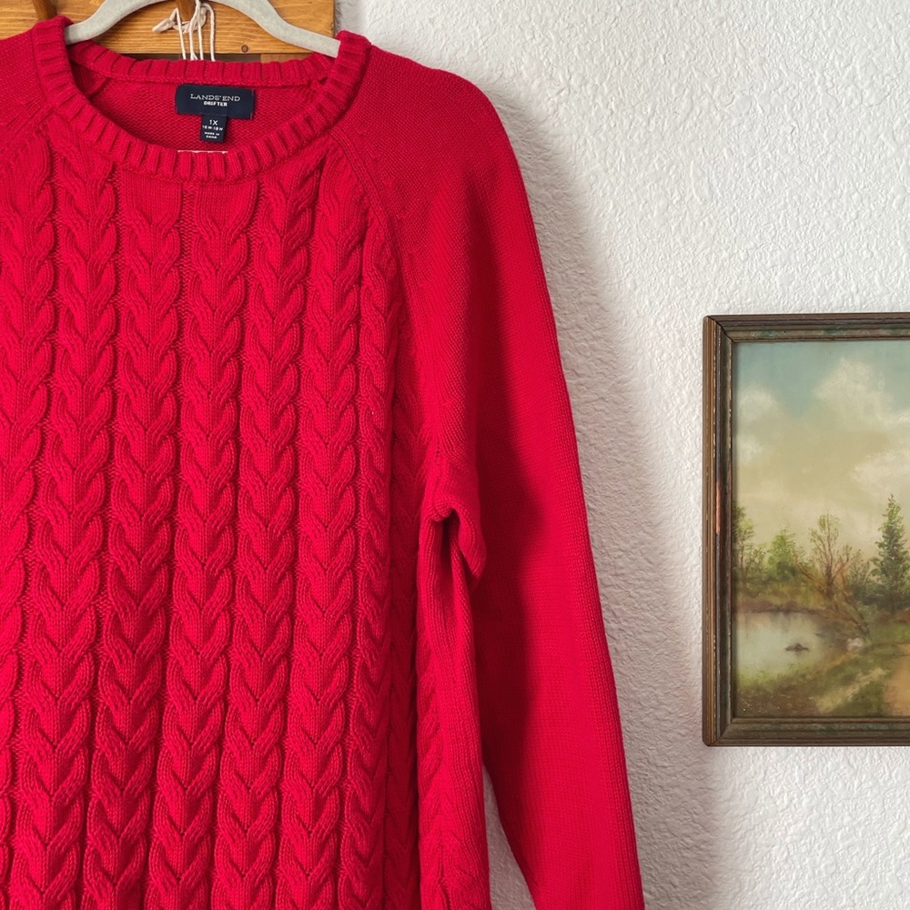 Lands' End Red Cable Knit Sweater - Picture 2 of 3